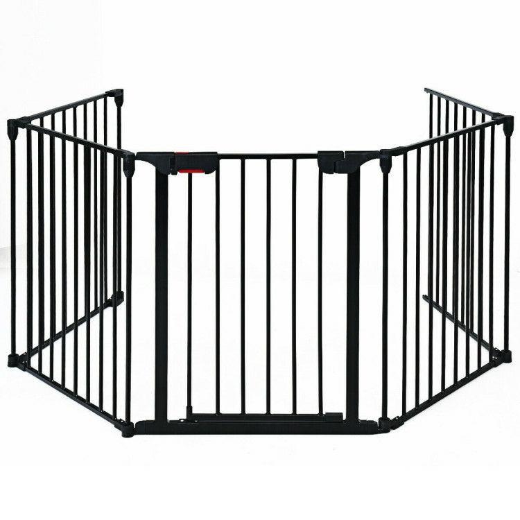 115 Inch Length 5 Panel Adjustable Wide Fireplace Fence Black |   Pet Gate