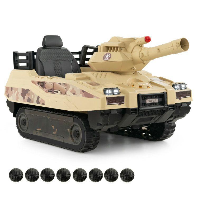 12V Electric Kids Ride On Tank with Rotatable Turret and 8 Missiles for Kids Aged 37-95 Months Old Khaki |   Powered Ride On Toys