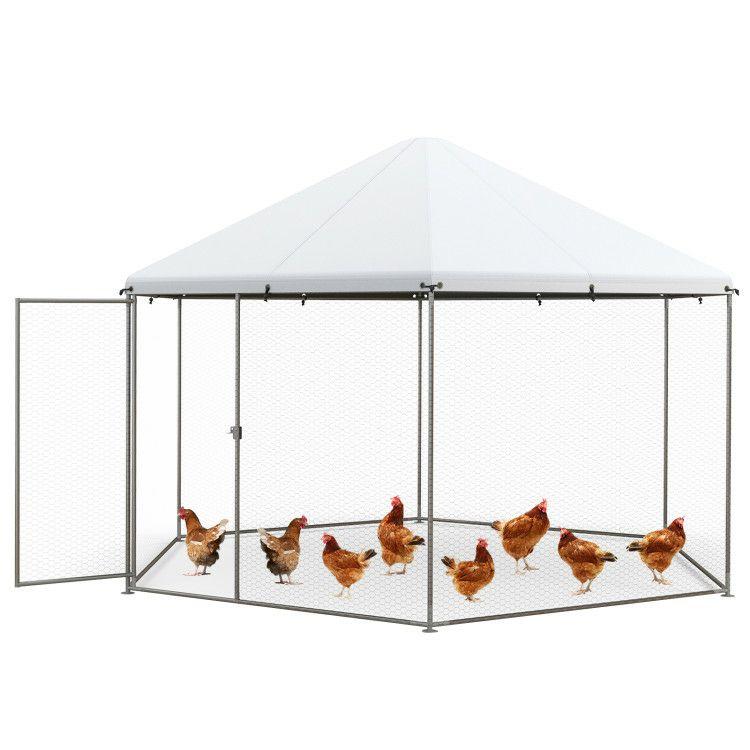 13FT Large Metal Hexagonal Chicken Coop with Wire Mesh and Lockable Door  |   Chicken Coops