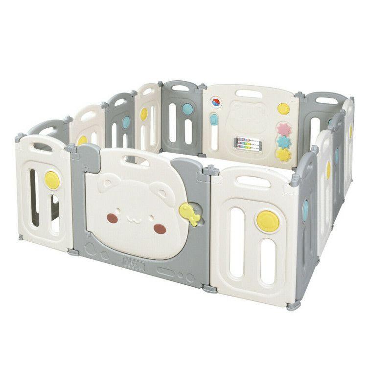 14-Panel Foldable Baby Playpen Safety Yard with Storage Bag White, Gray |   Baby Playpen & Playards