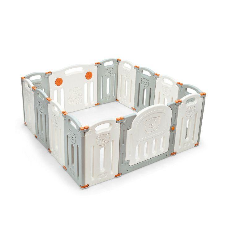 14-Panel Foldable Baby Playpen with Lockable Gate and Non-slip Bases Beige |   Baby Playpen & Playards