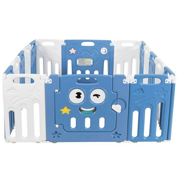 16-Panel Foldable Baby Playpen Kids Activity Centre Blue |   Baby Playpen & Playards