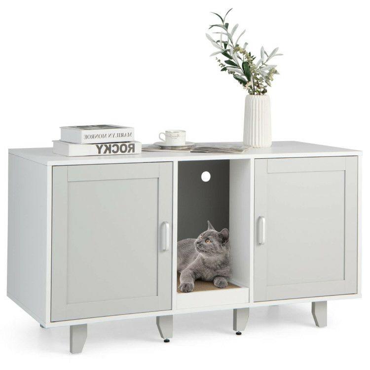 2-Door Cat Litter Box Enclosure with Winding Entry and Scratching Board Gray |   Cat Houses