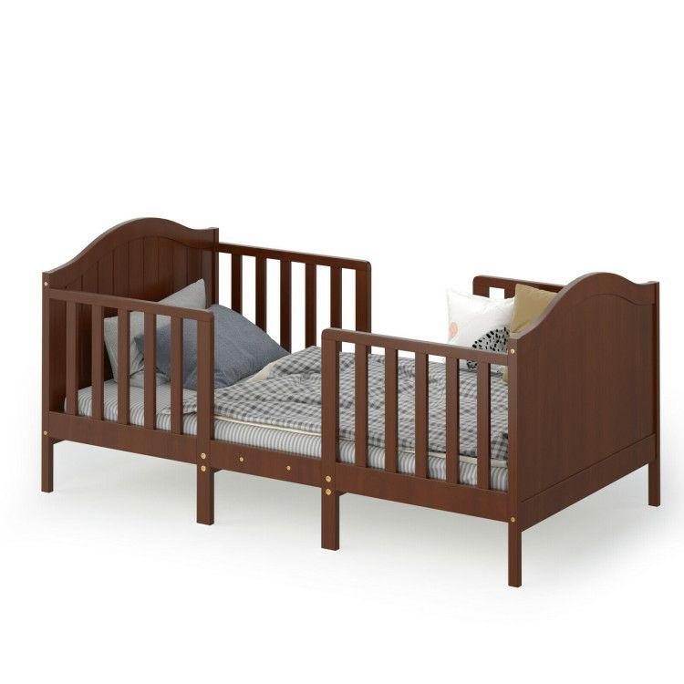 2-in-1 Classic Convertible Wooden Toddler Bed with 2 Side Guardrails for Extra Safety Brown |   Toddler Beds