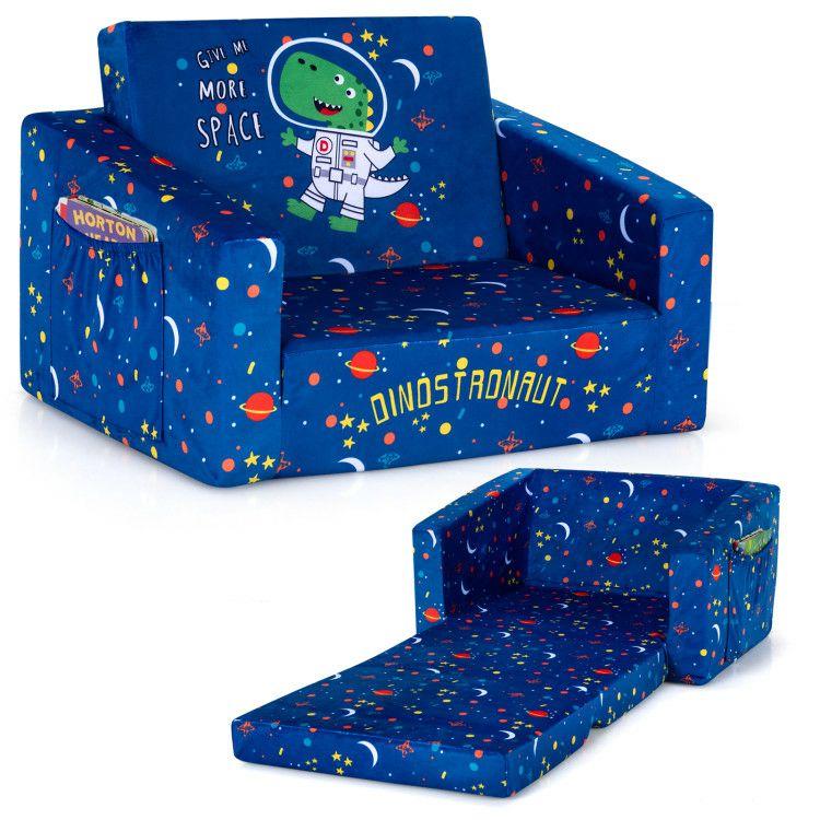 2-in-1 Convertible Kids Sofa with Velvet Fabric Blue |   Kids Chairs & Seating