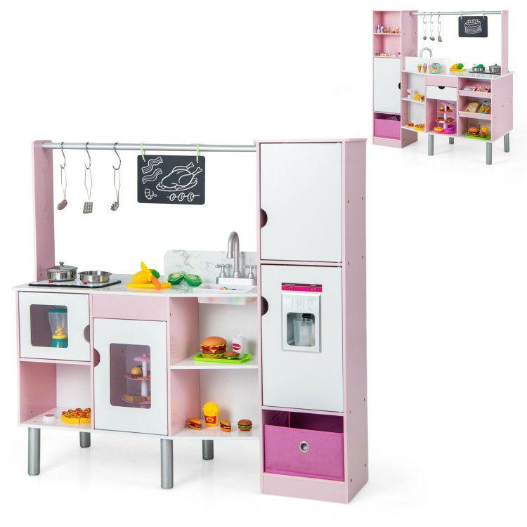 2-in-1 Double-sided Kids Kitchen and Market with Realistic Light and Sound Pink |   Play Kitchen Sets