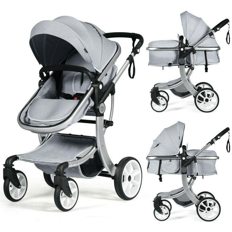 2-in-1 Foldable High Landscape Baby Stroller with Diaper Bag Gray |   Baby Strollers