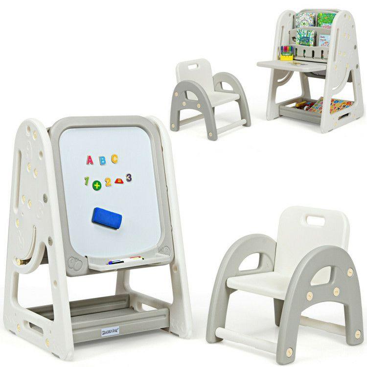 2-in-1 Kids Easel Desk Chair Set Book Rack Adjustable Art Painting Board Gray |   Art Easels