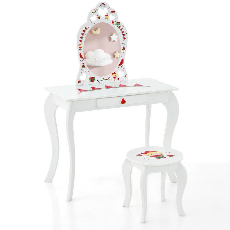 2 In 1 Kids Makeup Vanity Table Set with Removable Mirror and Stool White |   Kids Vanities