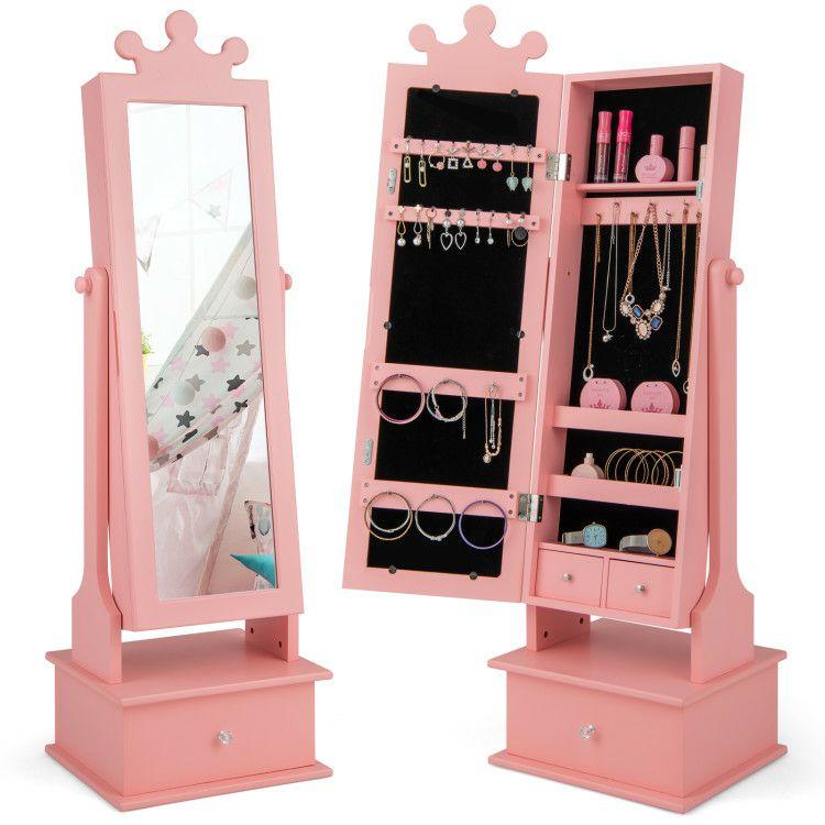 2-in-1 Kids Play Jewelry Armoire with Full Length Mirror and Drawers Pink |   Kids Vanities