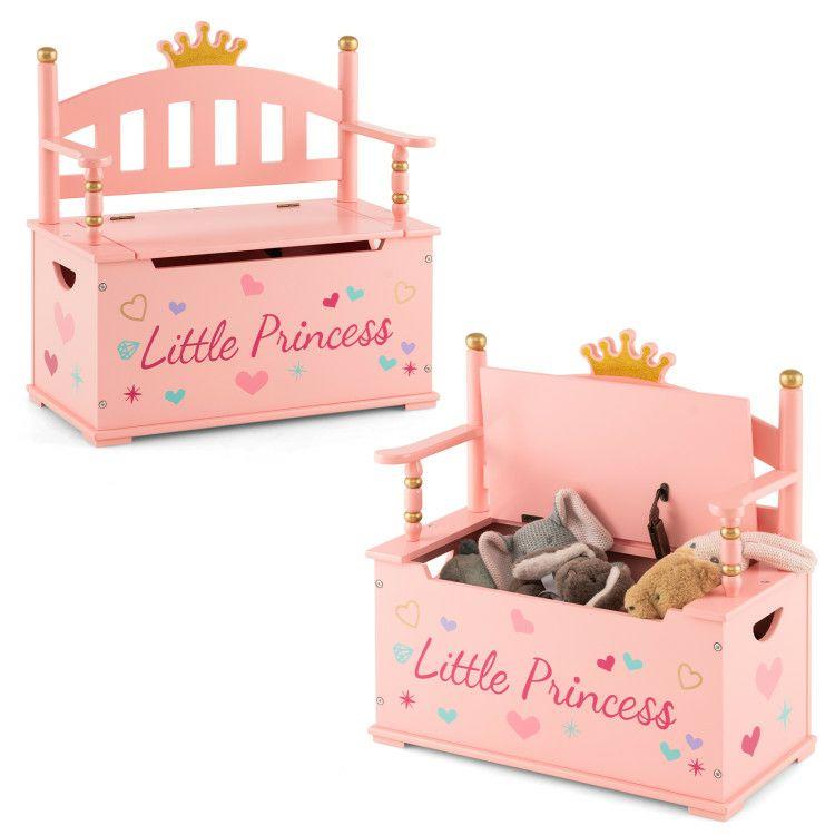 2-In-1 Kids Princess Wooden Toy Box with Safe Hinged Lid Pink |   Kids Storage