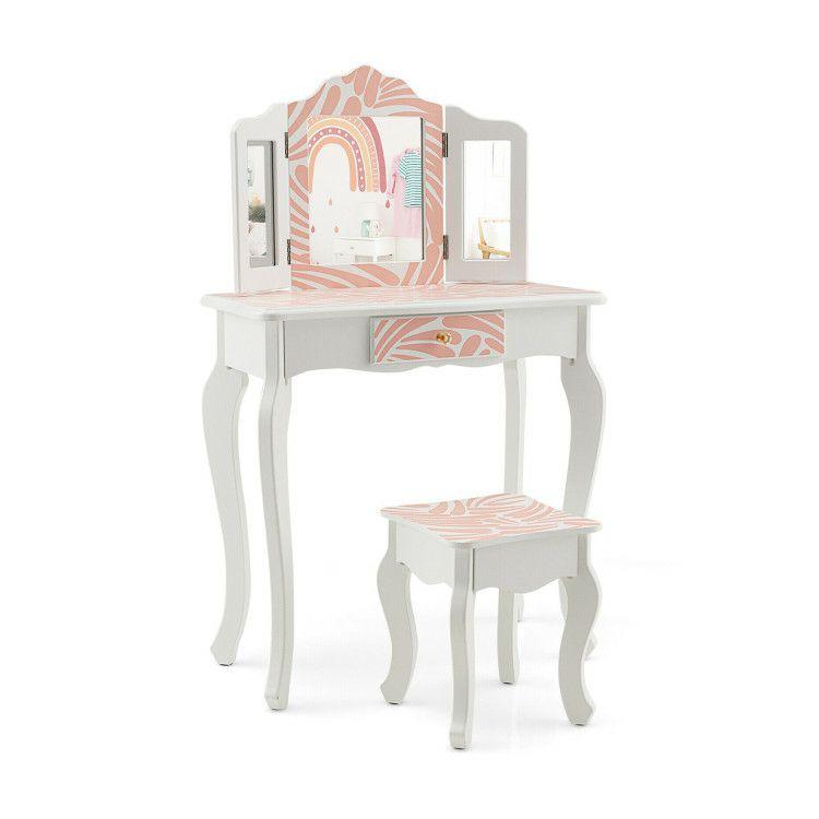 2-in-1 Kids Vanity Table Set with Tri-folding Mirror Pink |   Kids Vanities