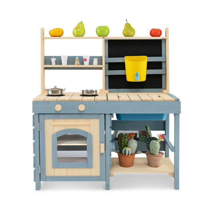 2-In-1 Outdoor Mud Kitchen with Faucet and Extra Chalkboard Blue + Natural |   Play Kitchen Sets