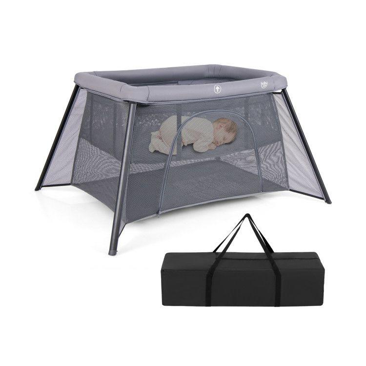 2-in-1 Portable Baby Playpen with Safety Enclosure and Padded Mattress Dark Gray |   Baby Playpen & Playards