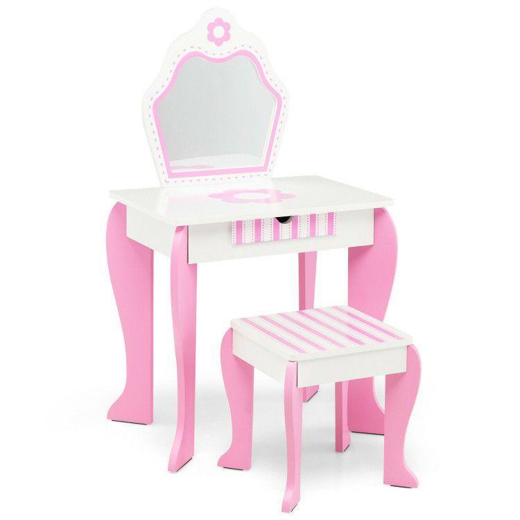 2-in-1 Toddler Vanity Set with Detachable Top and Cute Flower Patterns White |   Kids Vanities