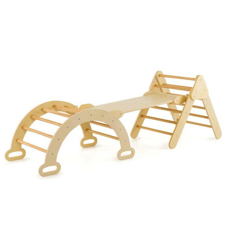 2-in-1 Wooden Kids Climber Toys with Triangle Arch Ramp Natural |   Climbers & Slides