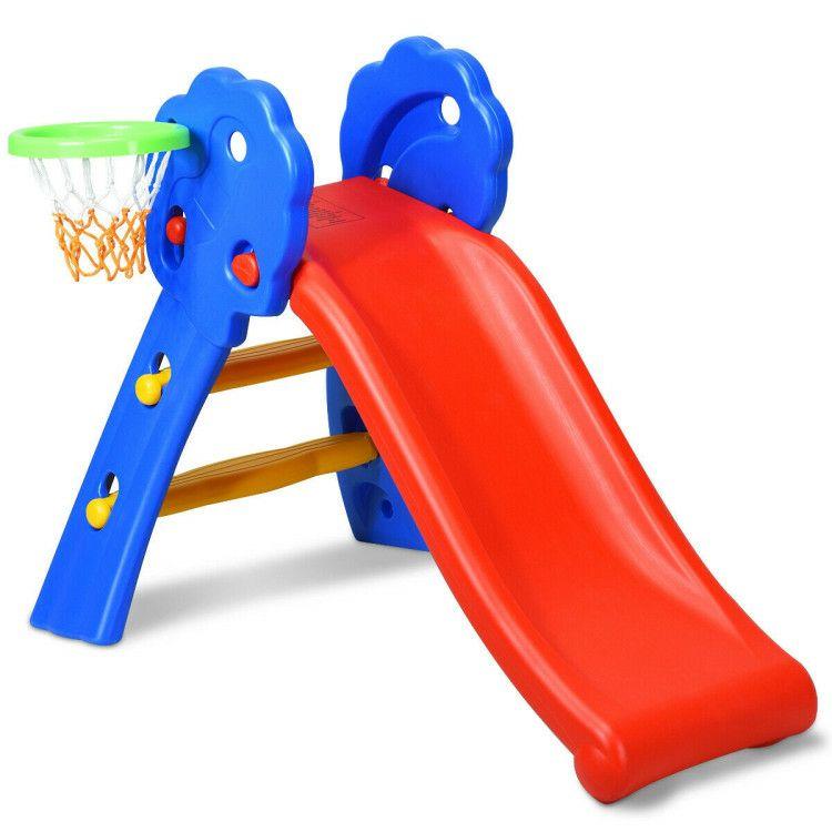 2 Step Indoors Kids Plastic Folding Slide with Basketball Hoop  |   Outdoor Play