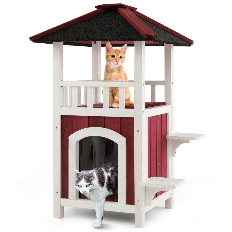 2-Story Wooden Cat House with Asphalt Roof Balcony and Rain Curtain Red & White |   Cat Houses