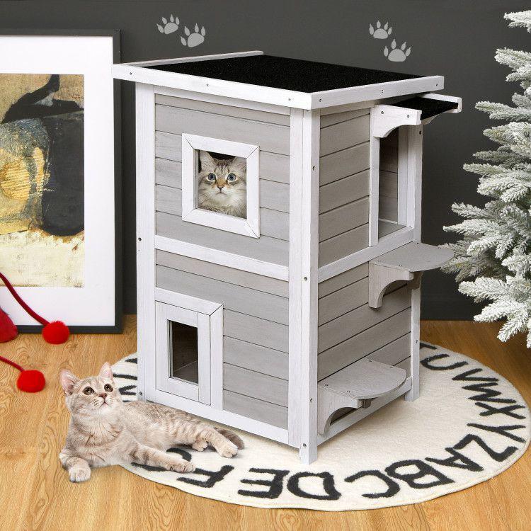 2-Story Wooden Cat House with Escape Door Rainproof Gray, White |   Cat Houses