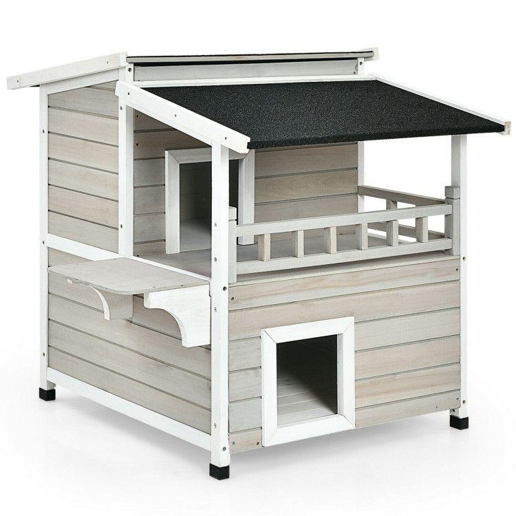 2-Story Wooden Patio Luxurious Cat Shelter House Condo with Large Balcony Grey, White, Black |   Cat Houses