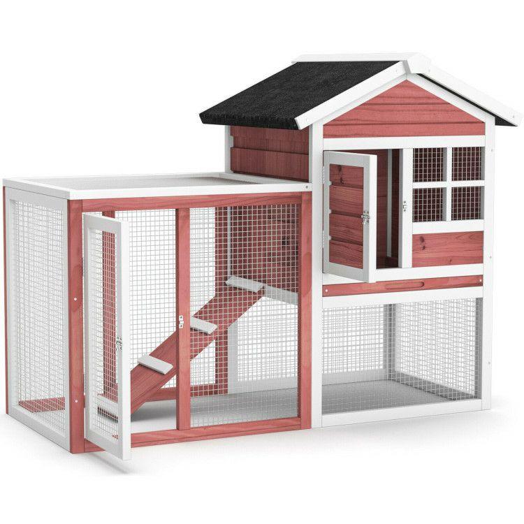 2-Story Wooden Rabbit Hutch with Running Area White |   Rabbit Hutches