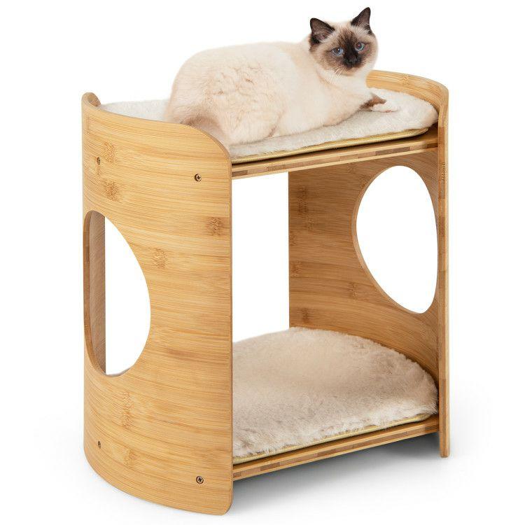 2-Tier Cute Small Cat Tree for Indoor Cats with Natural Bamboo Frame Beige |   Cat Houses