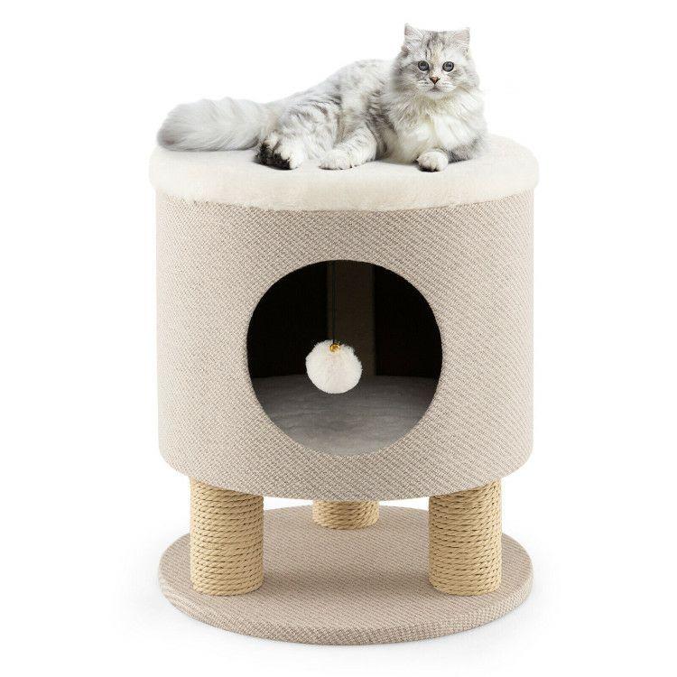 3-in-1 Cat Condo Stool Kitty Bed with Scratching Posts and Plush Ball Toy Beige |   Cat Trees, Condos & Scratchers