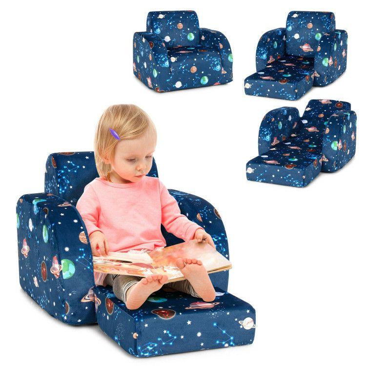 3-in-1 Convertible Kid Sofa Bed Flip-Out Chair Lounger for Toddler Blue |   Kids Chairs & Seating