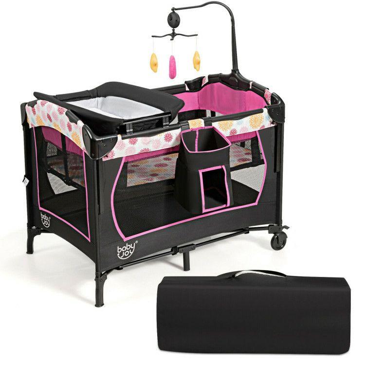 3-in-1 Convertible Portable Baby Playard with Music Box and Wheel and Brakes Pink |   Baby Playpen & Playards