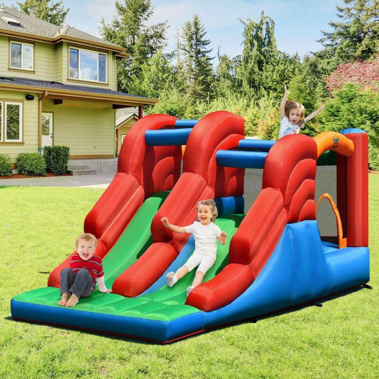 3-in-1 Dual Slides Jumping Castle Bouncer without Blower Blue + Green + Red + Orange |   Outdoor Play