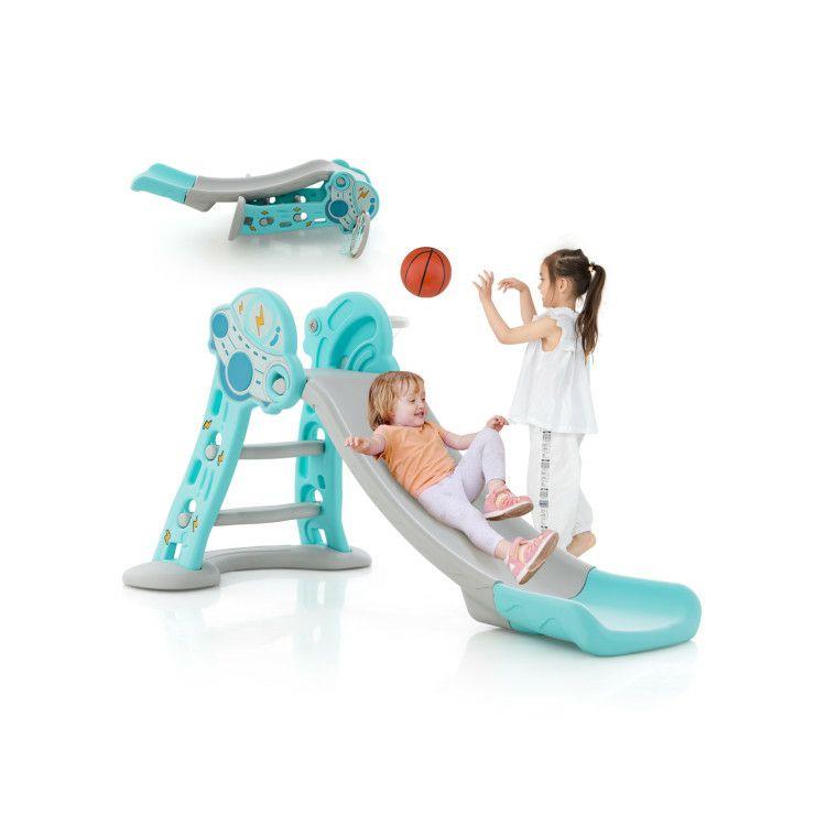 3-in-1 Folding Slide Playset with Basketball Hoop and Small Basketball Blue |   Climbers & Slides