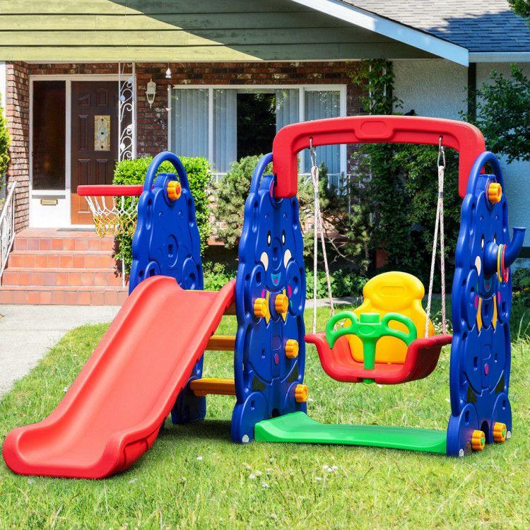 3-in-1 Junior Children Freestanding Design Climber Slide Swing Seat Basketball Hoop  |   Outdoor Play