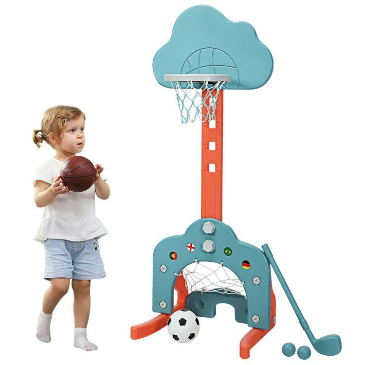 3-in-1 Kids Adjustable Basketball Hoop Set with Balls Green |   Toy Sports