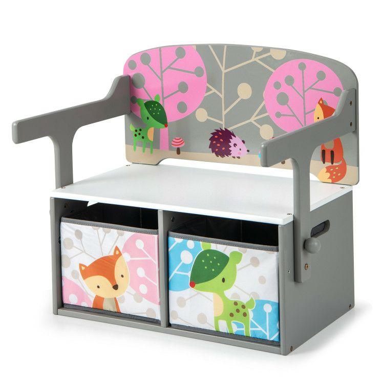 3 in 1 Kids Convertible Activity Bench with 2 Removable Fabric Bins Gray |   Kids Chairs & Seating