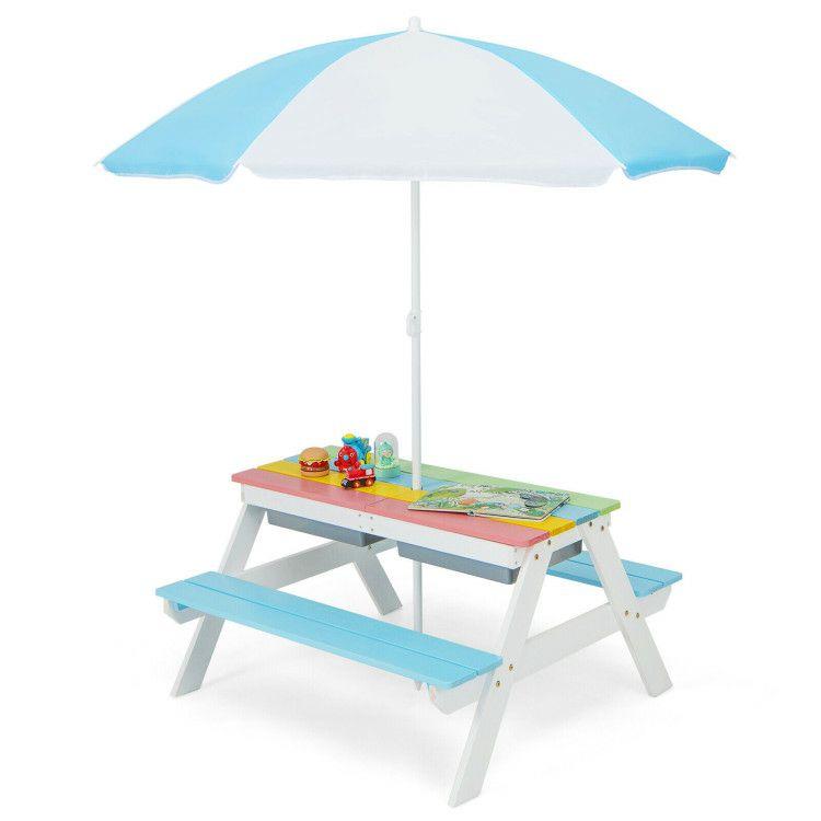 3-in-1 Kids Outdoor Picnic Water Sand Table with Removable Umbrella and Boxes Blue |   Kids Table & Chair Sets