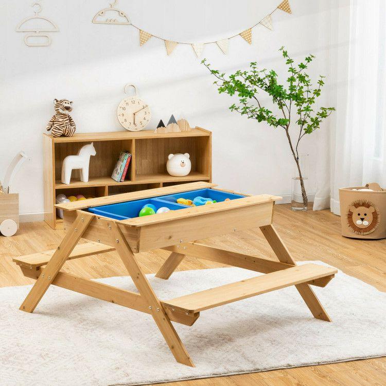 3-in-1 Kids Picnic Table Wooden Outdoor Water Sand Table with Play Boxes Natural |   Kids Table & Chair Sets