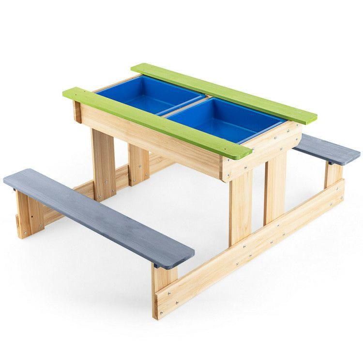 3-in-1 Outdoor Wooden Kids Water Sand Table with Play Boxes Natural+Green+Gray |   Kids Table & Chair Sets