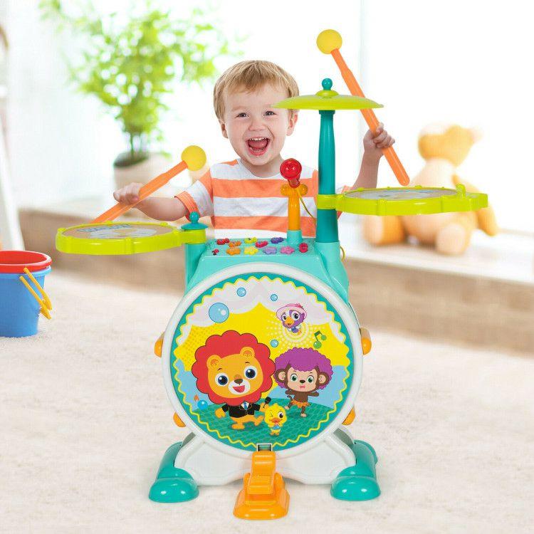 3 Pieces Electric Kids Drum Set with Microphone Stool Pedal Green |   Musical Toys