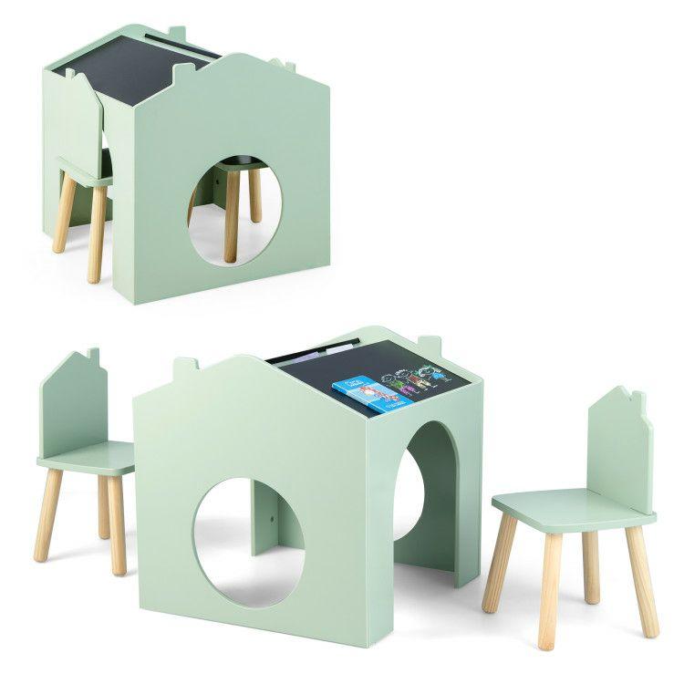 3 Pieces Wooden Kids Table and Chair Set Green |   Kids Table & Chair Sets