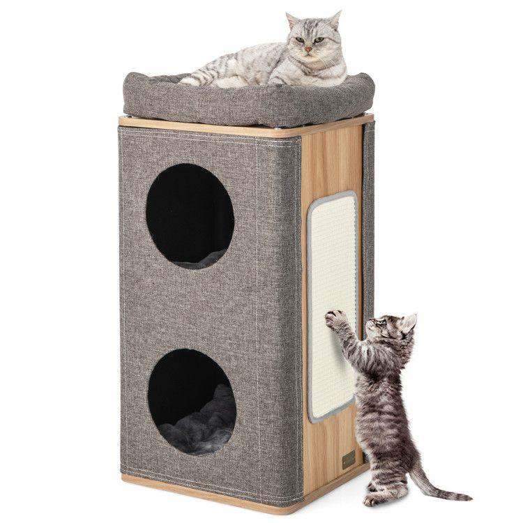 3-Story Cat House for Indoor Cats with Scratching Board Gray |   Cat Trees, Condos & Scratchers