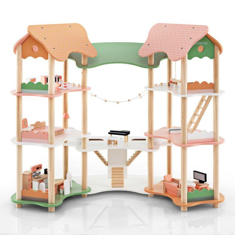 3-Tier Wooden Dollhouse for Kids Aged 3-8 Years Old with 32 Pieces of Accessories Multicolor |   Play Tents & Playhouse