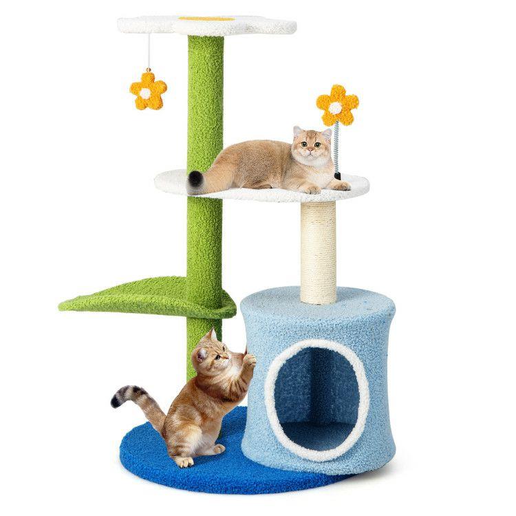 34.5 Inch 4-Tier Cute Cat Tree with Jingling Balls and Condo Blue |   Cat Trees, Condos & Scratchers