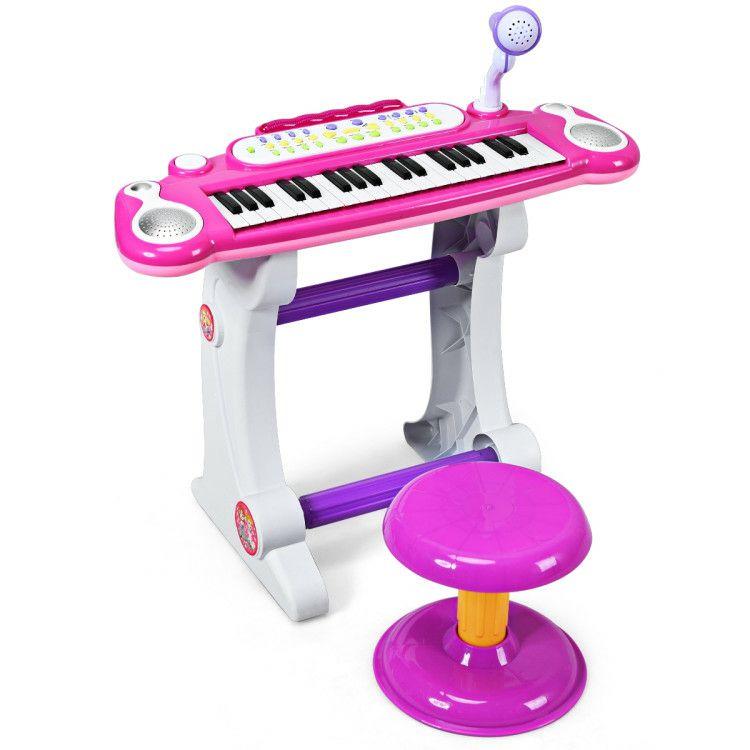 37 Key Electronic Keyboard Kids Toy Piano Included Microphone and Stool Pink |   Musical Toys