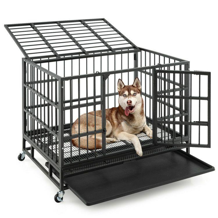 38/48 Inch Foldable Heavy-Duty Metal Dog Cage with Lockable Rolling Casters and Tray  |   Dog Kennels