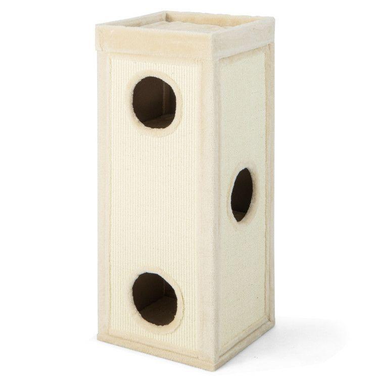 39 Inch Tall Cat Condo with Scratching Posts and 3 Hideaways and 4 Soft Plush Cushions Natural |   Cat Trees, Condos & Scratchers