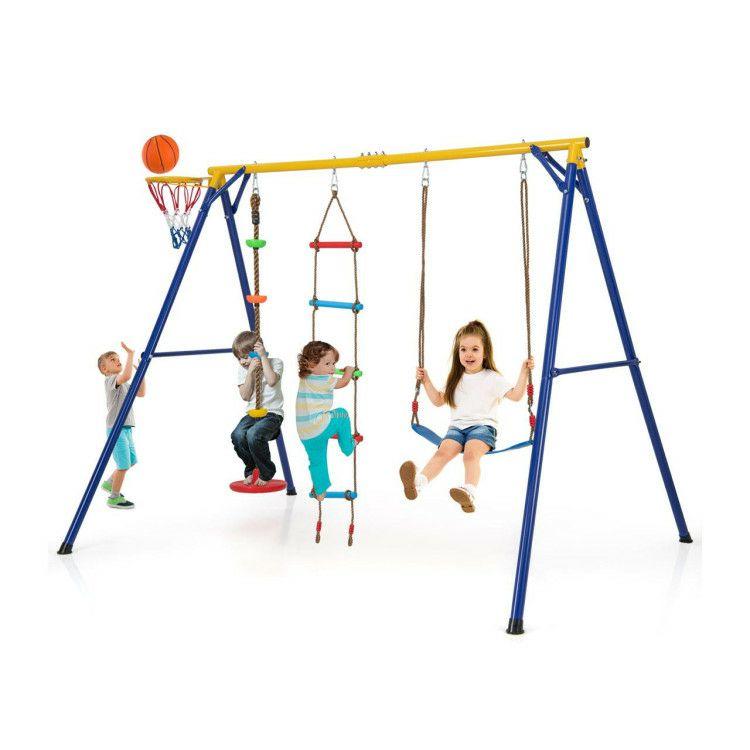 4-in-1 660 lbs Heavy Duty Swing Set for Kids Aged 3-9 Years Old Yellow |   Outdoor Play