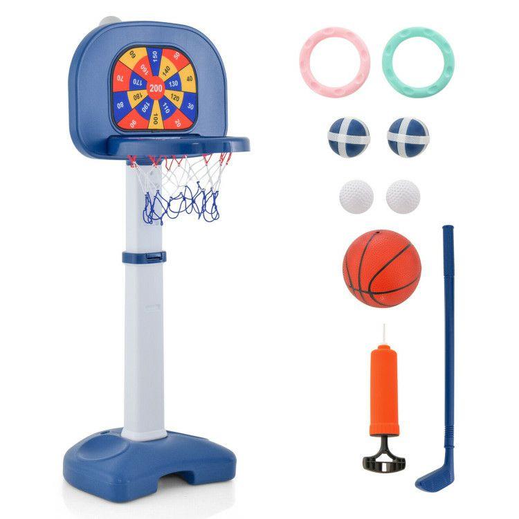 4-In-1 Adjustable Kids Basketball Hoop with Ring Toss Sticky Ball White+Blue |   Outdoor Play