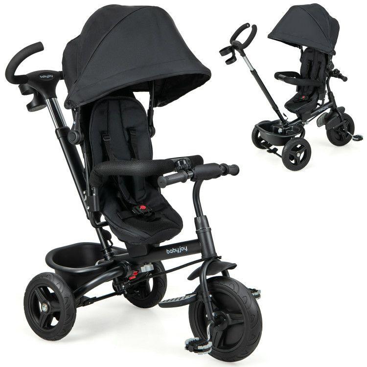 4-in-1 Baby Tricycle Toddler Trike with Reversible Seat and 5-Point Safety Harness Black |   Baby Strollers