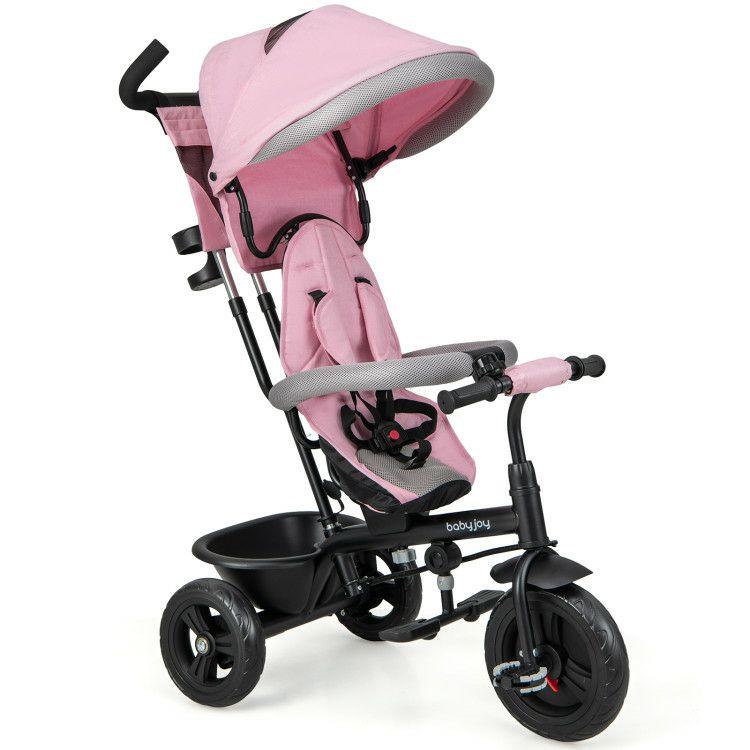 4-in-1 Baby Trike Kids Tricycle with Removable Canopy and Adjustable Push Handle Pink |   Baby Strollers