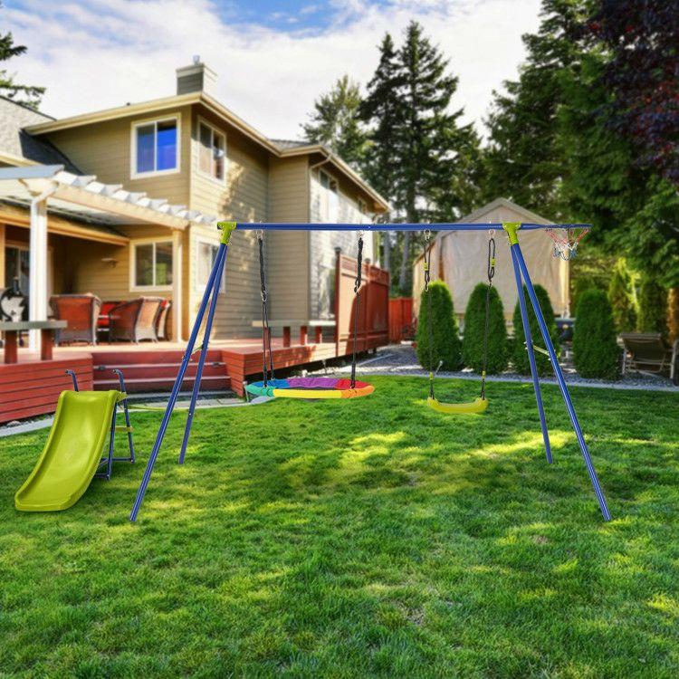 4-in-1 Heavy-Duty Metal Playset with Slide and Basketball Hoop Multicolor |   Swing & Playsets